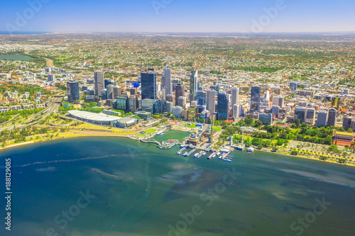 Aerial view of Perth Skyline in Australia. Scenic flight over Elizabeth Quay, Bell Tower, Elizabeth Quay Bridge, Swan River, Perth Convention and Exhibition Center in Western Australia. Copy space.