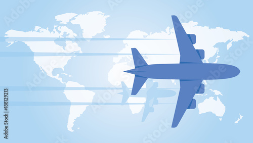 Plane hovering over the world map. Vector illustration.
