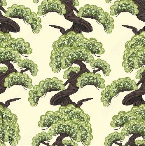 Bonsai pine decorative small tree  seamless pattern