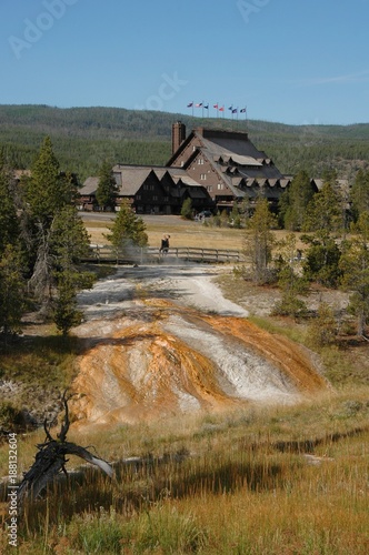Built in 1903 from logs and local stone, in the geyser basin at Yellowstone National Park