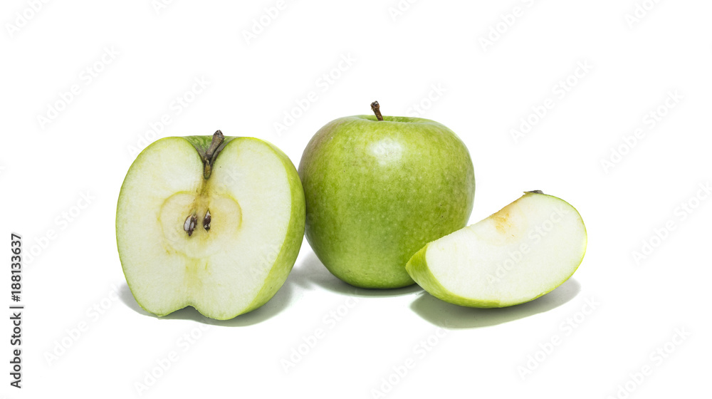 Green apples and apple slices isolated on white background Green apples and apple slices isolated on white background