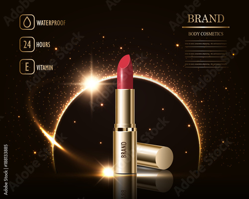 Cosmetics beauty series, ads of premium female lipstick for skin care. Template for design poster, placard, presentation, banners, cover, vector illustration.