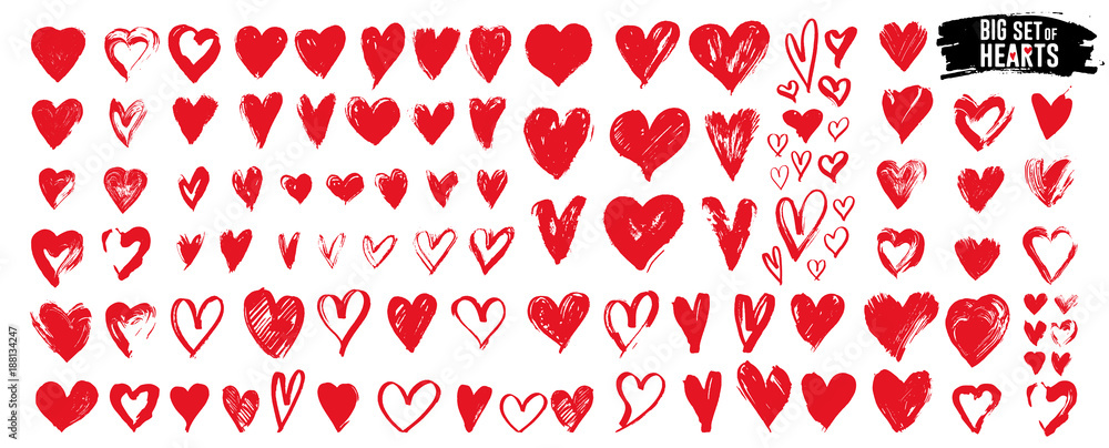 Fototapeta Duży zestaw serc czerwony grunge. Elementy projektu na Walentynki. Kształty wektorowe ilustracji serca. Pojedynczo na białym tle