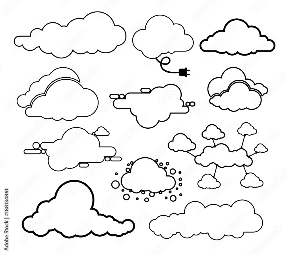 Set of clouds line art icon. Storage solution element, databases, networking. Software image, cloud and meteorology concept. Vector illustration. Isolated on white background Set of clouds line art icon. Storage solution element, databases, networking. Software image, cloud and meteorology concept. Vector illustration. Isolated on white background