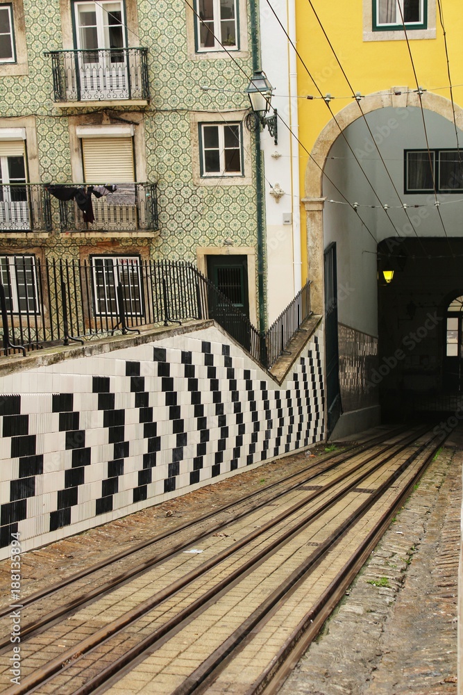 Bica elevator rails in Lisbon