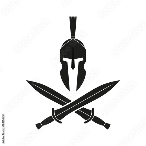 Spartan helmet, swords. Logo. Vector. Isolated.