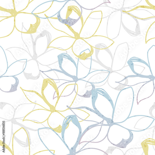 Floral seamless pattern. Pastel and gold doodles texture. Stylized sketch jasmine flowers. Great for fabric  wallpaper  wrapping paper  surface design  wedding invitation. Vector illustration