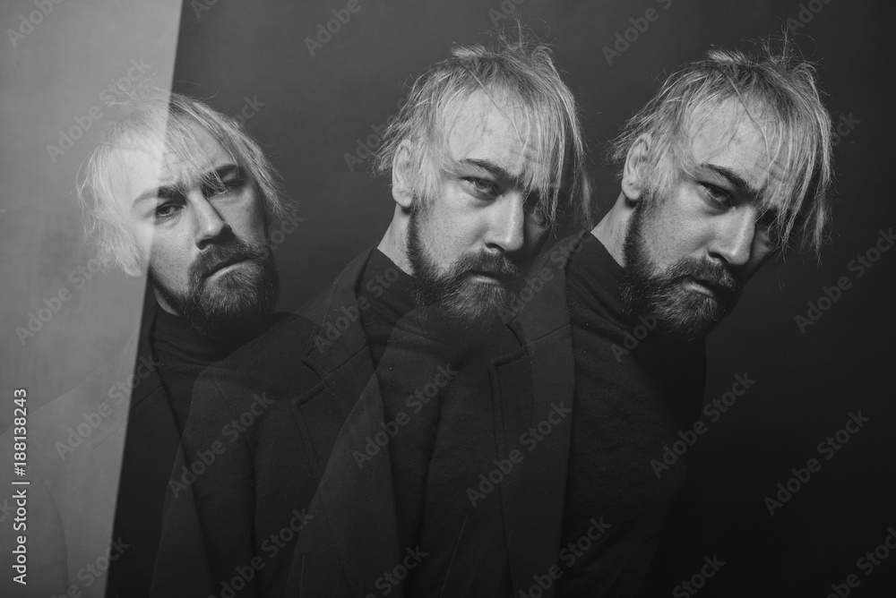 Fototapeta premium Triple portrait. Emotion rights. The guy in the jacket. Acting art.