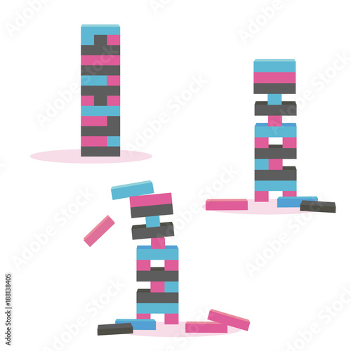 Set of color tower games for kids. Wooden block balance risk puzzle toy. Different positions. Vector illustration isolated on white background