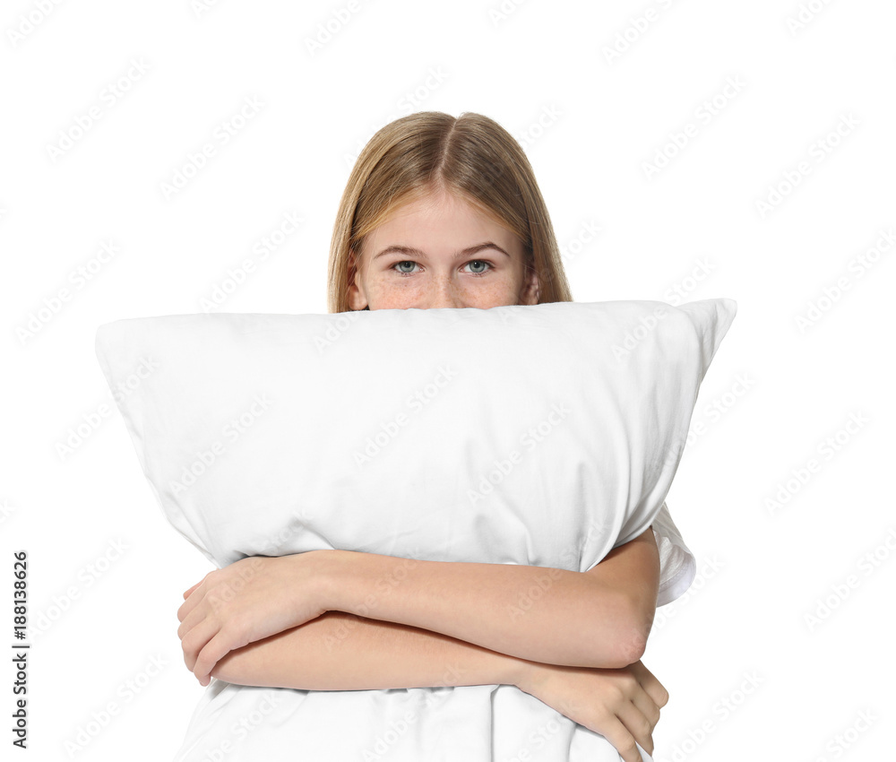 Cute girl with big pillow on white background Cute girl with big pillow on white background