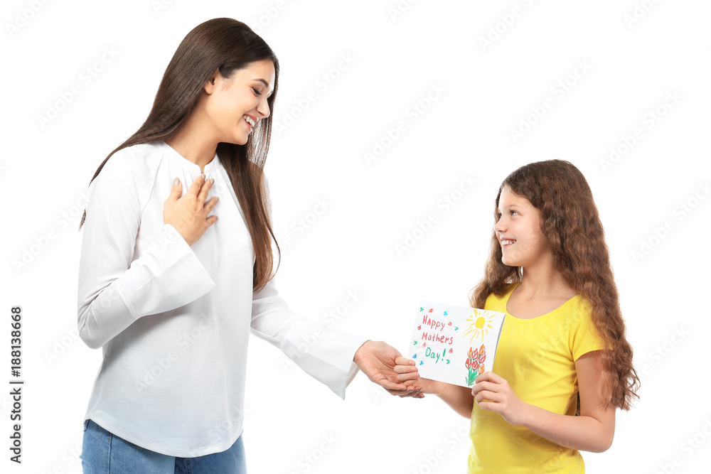 Cute little girl giving greeting card to her mom on white background. Mother's day celebration Cute little girl giving greeting card to her mom on white background. Mother's day celebration