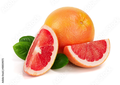 grapefruit and slice with leaves isolated on white background