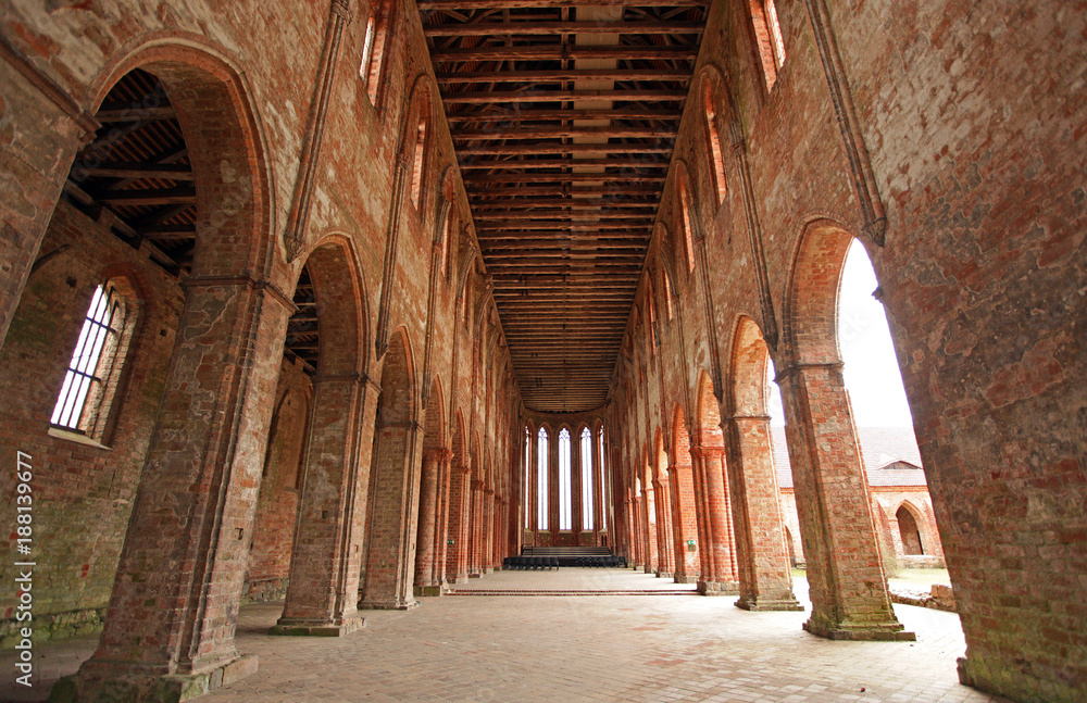 Interior of the Main Hall of the former Cistercian Monastery in Chorin with red Bricks