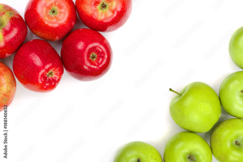 red and green apples isolated on white background with copy space for your text, top view. Flat lay pattern red and green apples isolated on white background with copy space for your text, top view. Flat lay pattern