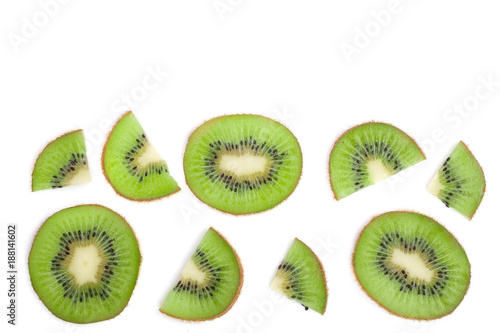 sliced kiwi fruit isolated on white background with copy space for your text. Flat lay pattern. Top view