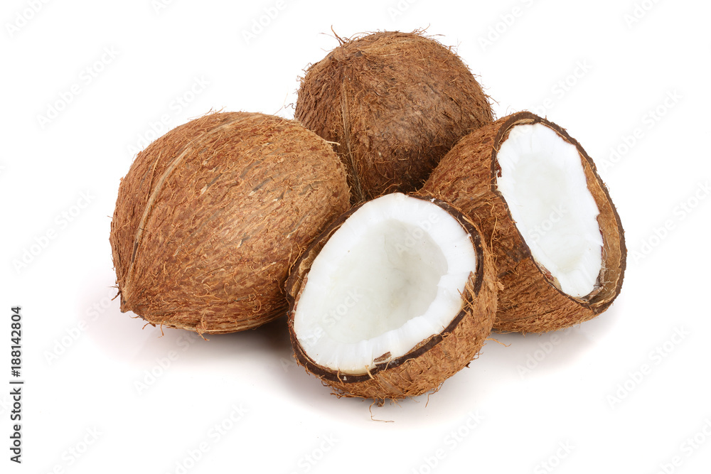 whole coconut and half isolated on white background whole coconut and half isolated on white background
