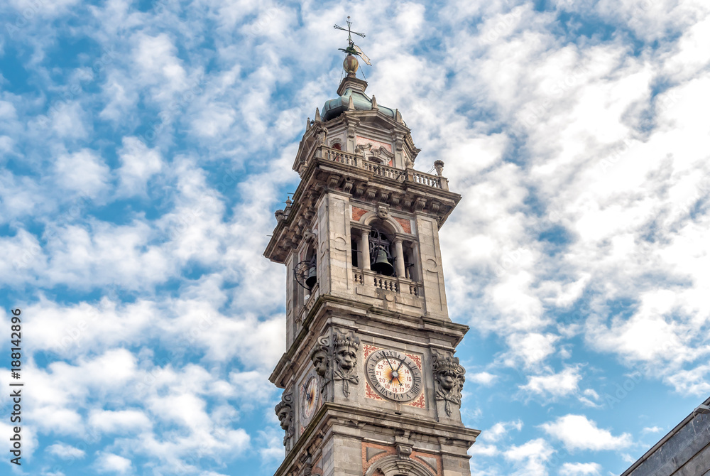 View of Romanesque Basilica of San Vittore church Bell tower of Bernascone in Varese, Italy
