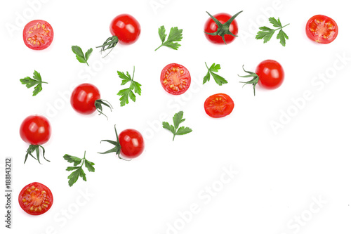 Cherry small tomatoes with parsley leaves isolated on white background with copy space for your text. Top view. Flat lay