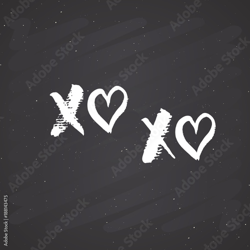 XOXO brush lettering sign, Grunge calligraphiv c hugs and kisses Phrase, Internet slang abbreviation XOXO symbols, vector illustration on chalkboard background
