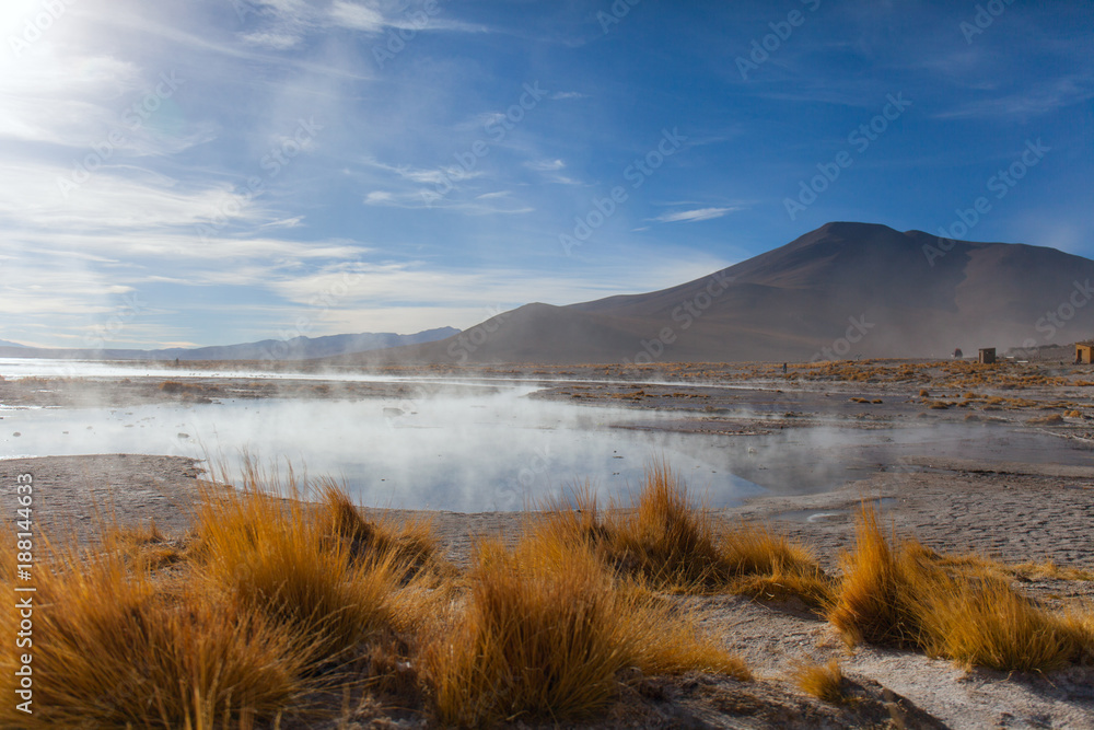 the lake is heated by a volcano at an altitude of five thousand meters above sea level in the Bolivian Alps