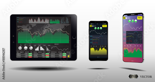  Tablet PC, Smart Phone Screens With Financial Charts and Graphs.Set Infographics . Eps10