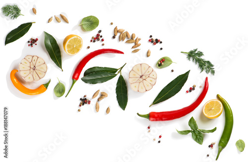 Above view of various herbs and spices. photo