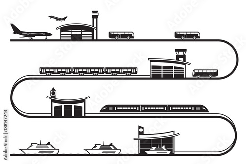 Travel among different transport stations - vector illustration