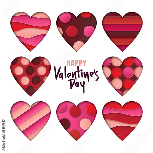 Valentines day vector design elements. Set of hearts with 3d abstract paper c...