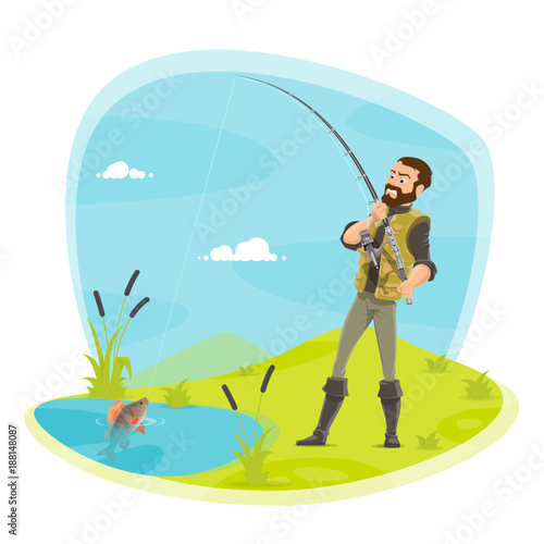Vector fisherman fishing and fish catch at lake