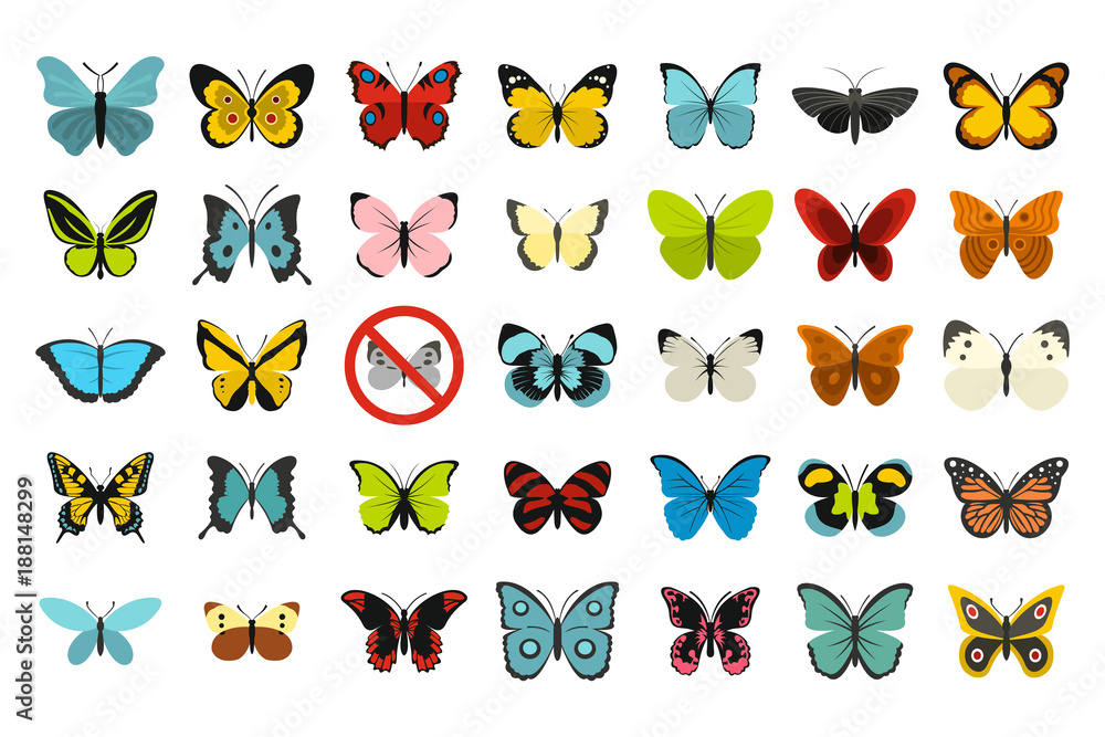Fototapeta premium Butterfly icon set, flat style