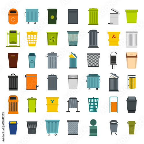 Garbage can icon set, flat style