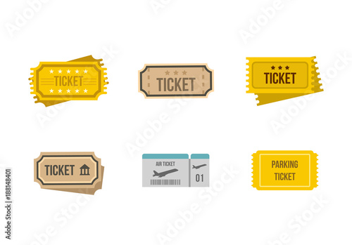 Ticket icon set, flat style