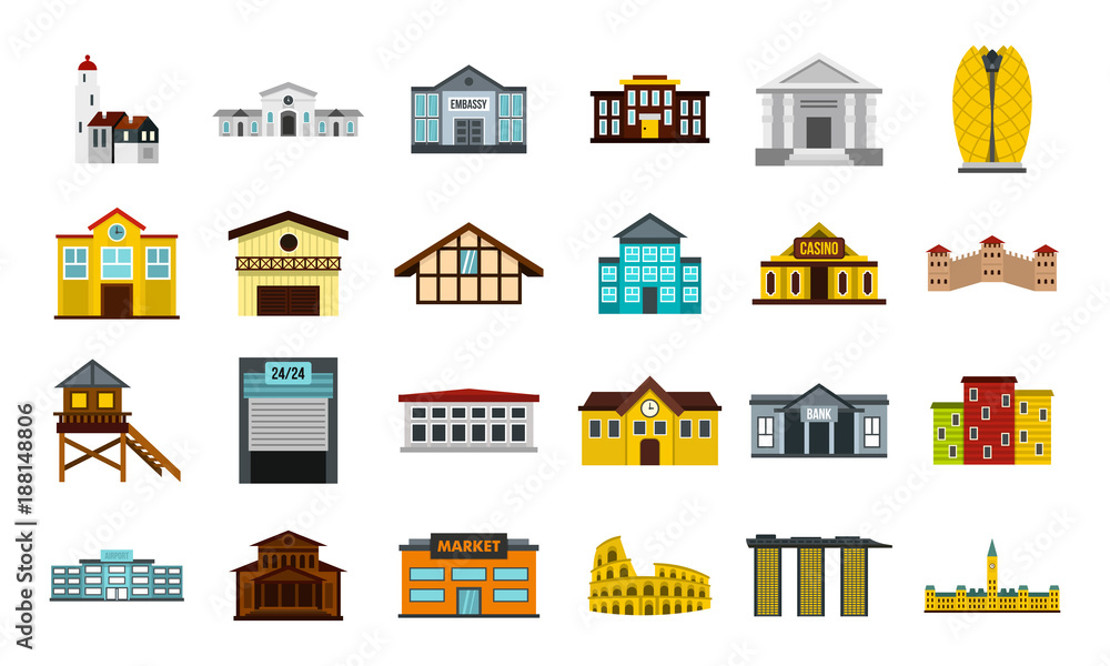Buildings icon set, flat style