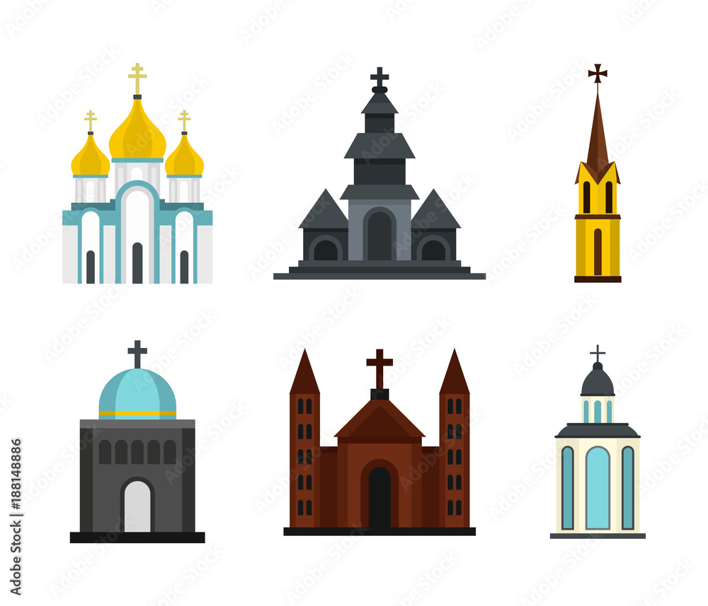 Church icon set, flat style