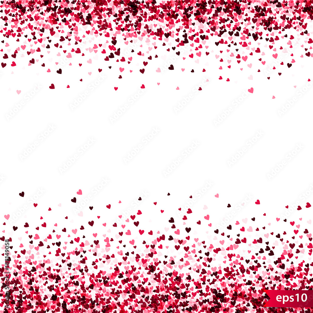 Stipple pattern for design. Colorful minimalistic geometric pattern with randomly located small hearts. Red heart glitter background. Gradually changing density backdrop with red and pink hearts