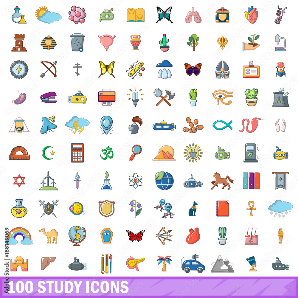100 study icons set, cartoon style 100 study icons set, cartoon style