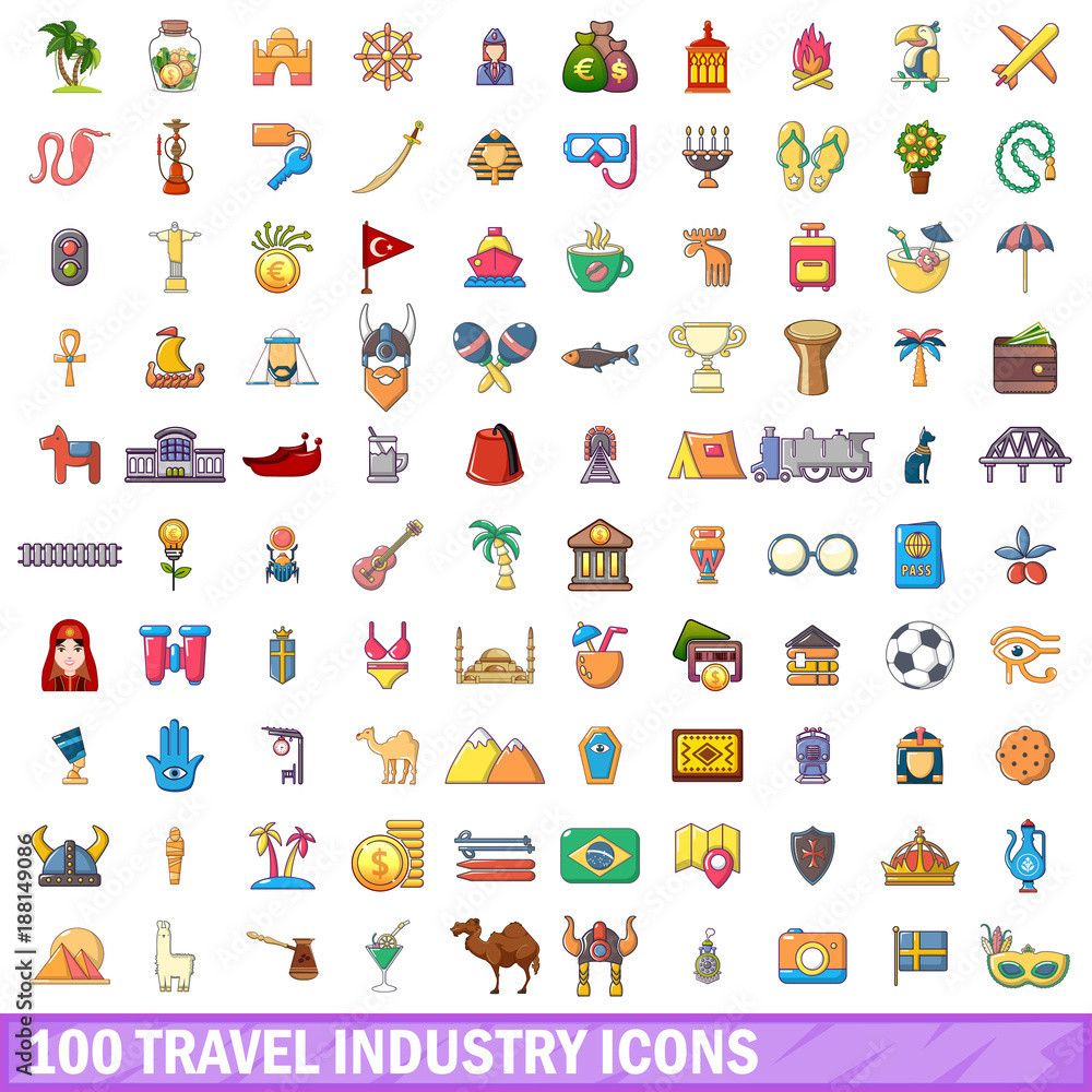 100 travel industry icons set, cartoon style 100 travel industry icons set, cartoon style