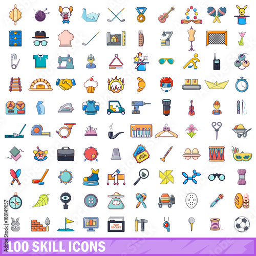 100 skill icons set, cartoon style 