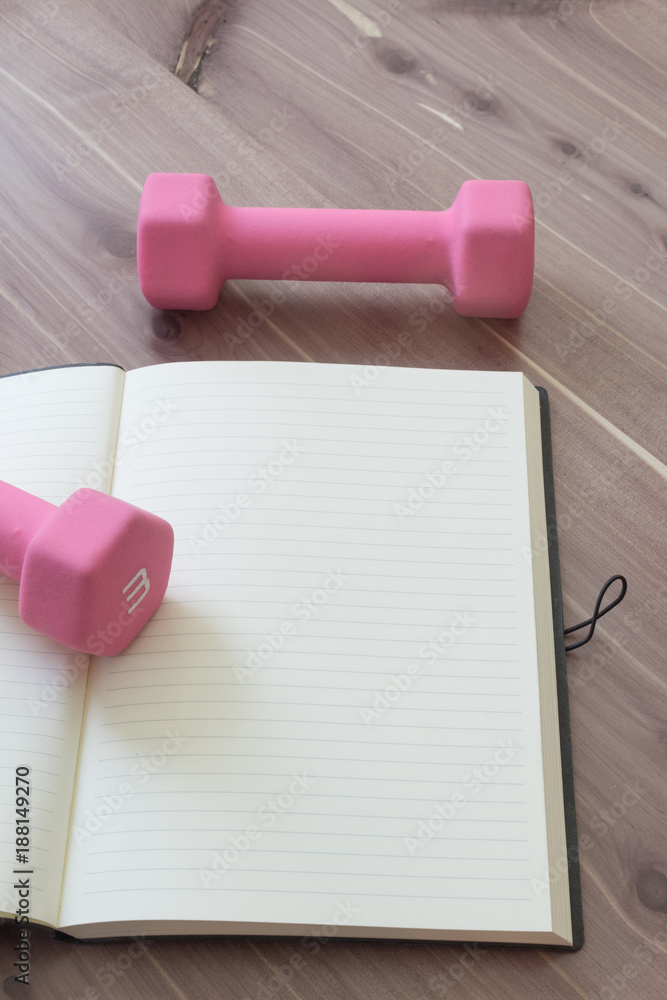 Two pink hand weights with open, blank journal, on a wood table top, copy space, neutral colors, vertical aspect Two pink hand weights with open, blank journal, on a wood table top, copy space, neutral colors, vertical aspect