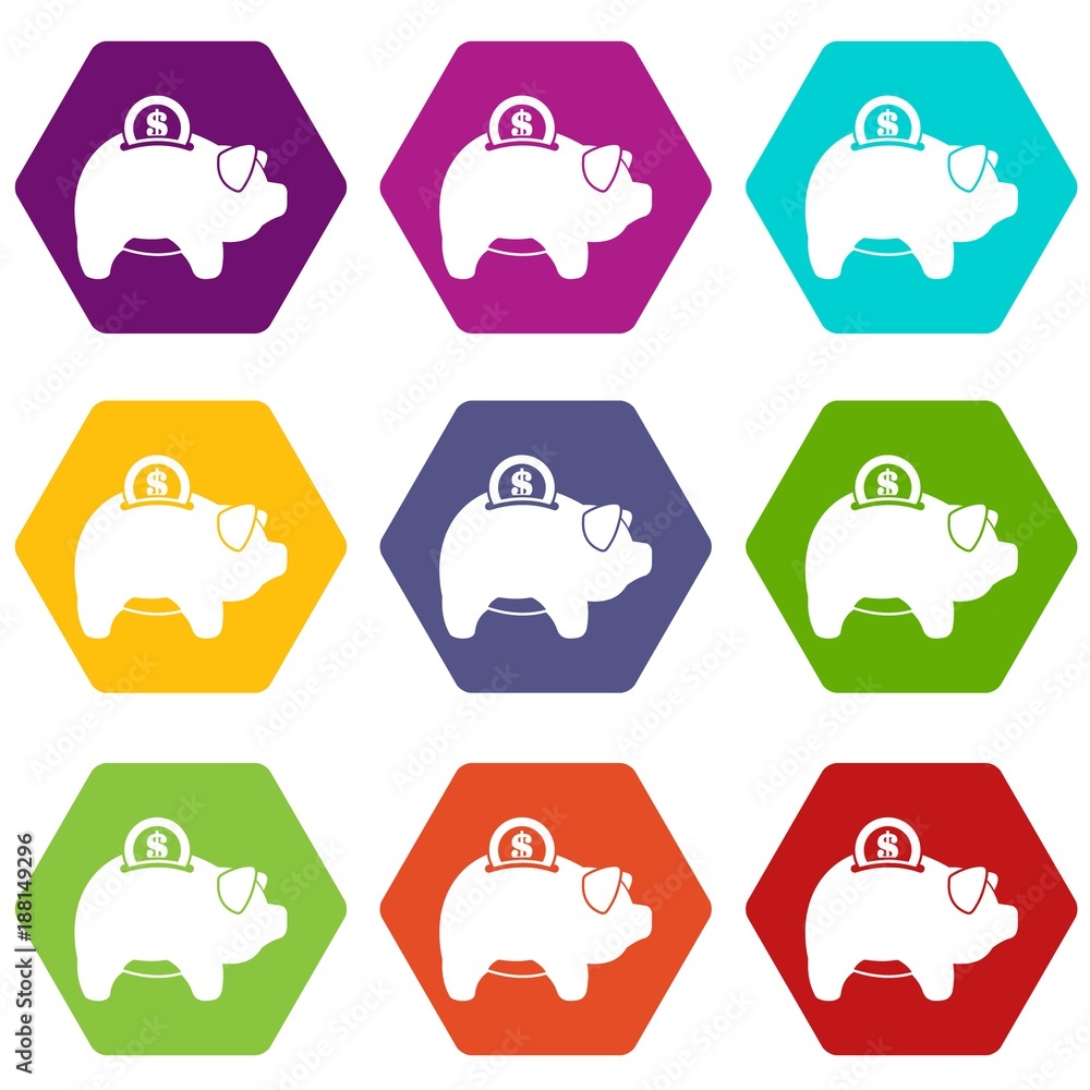 Fototapeta premium Pig money box icon set color hexahedron