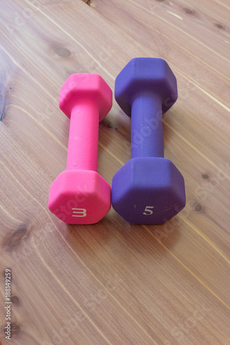 Pink and purple exercise hand weights side by side on a light wood background, copy space, vertical aspect