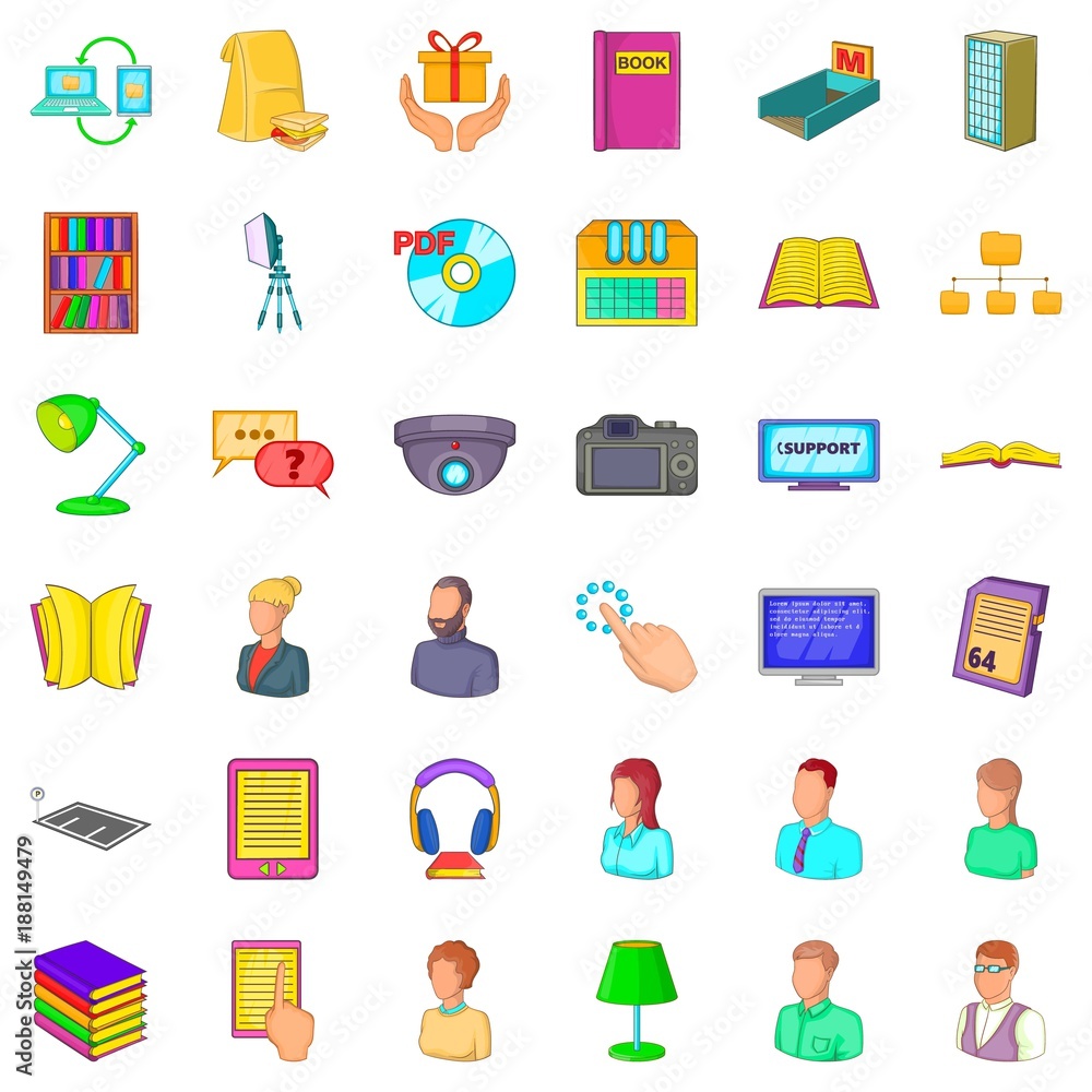 Librarian icons set, cartoon style Librarian icons set, cartoon style