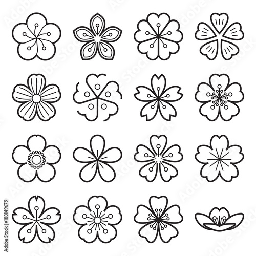 Sakura icons. Collection of 16 linear Japanese cherry blossom symbols isolated on a white background. Editable stroke. Vector illustration