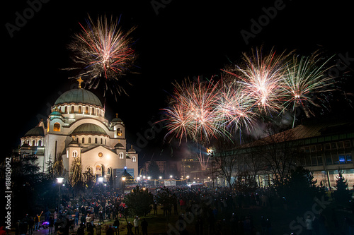 Belgrade, Serbia,Europe - January 14, 2018: Orthodox New Year's Eve celebration whit fireworks over the Church of Saint Sava at midnight in Belgrade, Serbia on January 14, 2018 