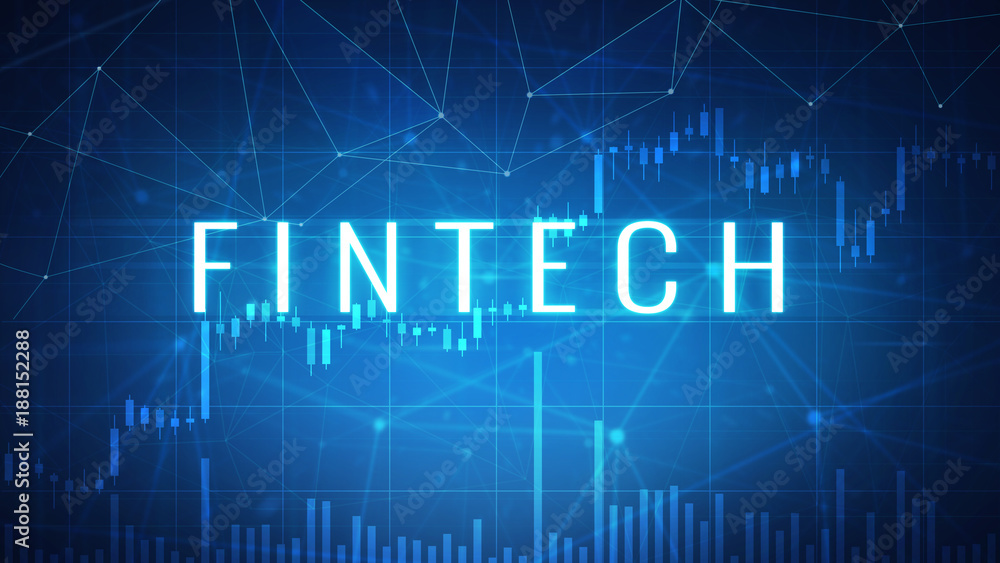 Fintech financial technology wording on futuristic hud background with cryptocurrency stock market chart and blockchain polygon peer to peer network. Global cryptocurrency business banner concept.