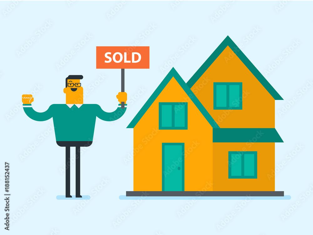 Excited caucasian white real estate agent standing next to the house and holding sold placard Excited caucasian white real estate agent standing next to the house and holding sold placard
