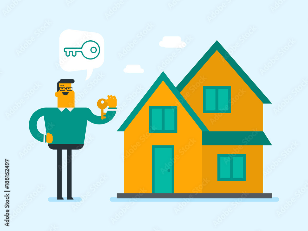 Happy caucasian white homeowner showing key to a new house. Young smiling real estate agent with key standing on the background of house. Vector cartoon illustration. Happy caucasian white homeowner showing key to a new house. Young smiling real estate agent with key standing on the background of house. Vector cartoon illustration.
