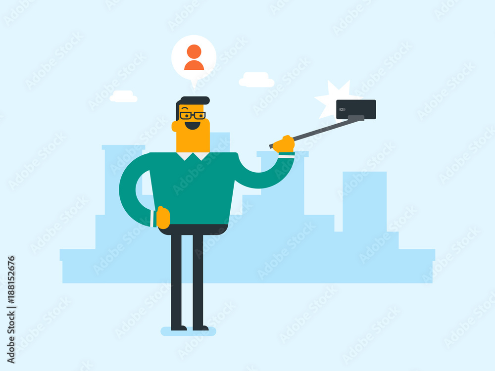 Young caucasian white businessman making selfie with a selfie-stick on city background. Smiling man taking selfie photo with flash with a mobile phone. Vector cartoon illustration. Square layout. Young caucasian white businessman making selfie with a selfie-stick on city background. Smiling man taking selfie photo with flash with a mobile phone. Vector cartoon illustration. Square layout.