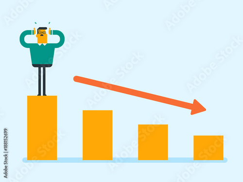 Young frightened caucasian white bankrupt businessman clutching head while standing on the chart going down. Concept of business bankruptcy and insolvency. Vector cartoon illustration.