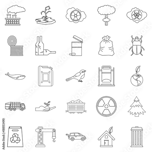 Eco catastrophic icons set, outline style